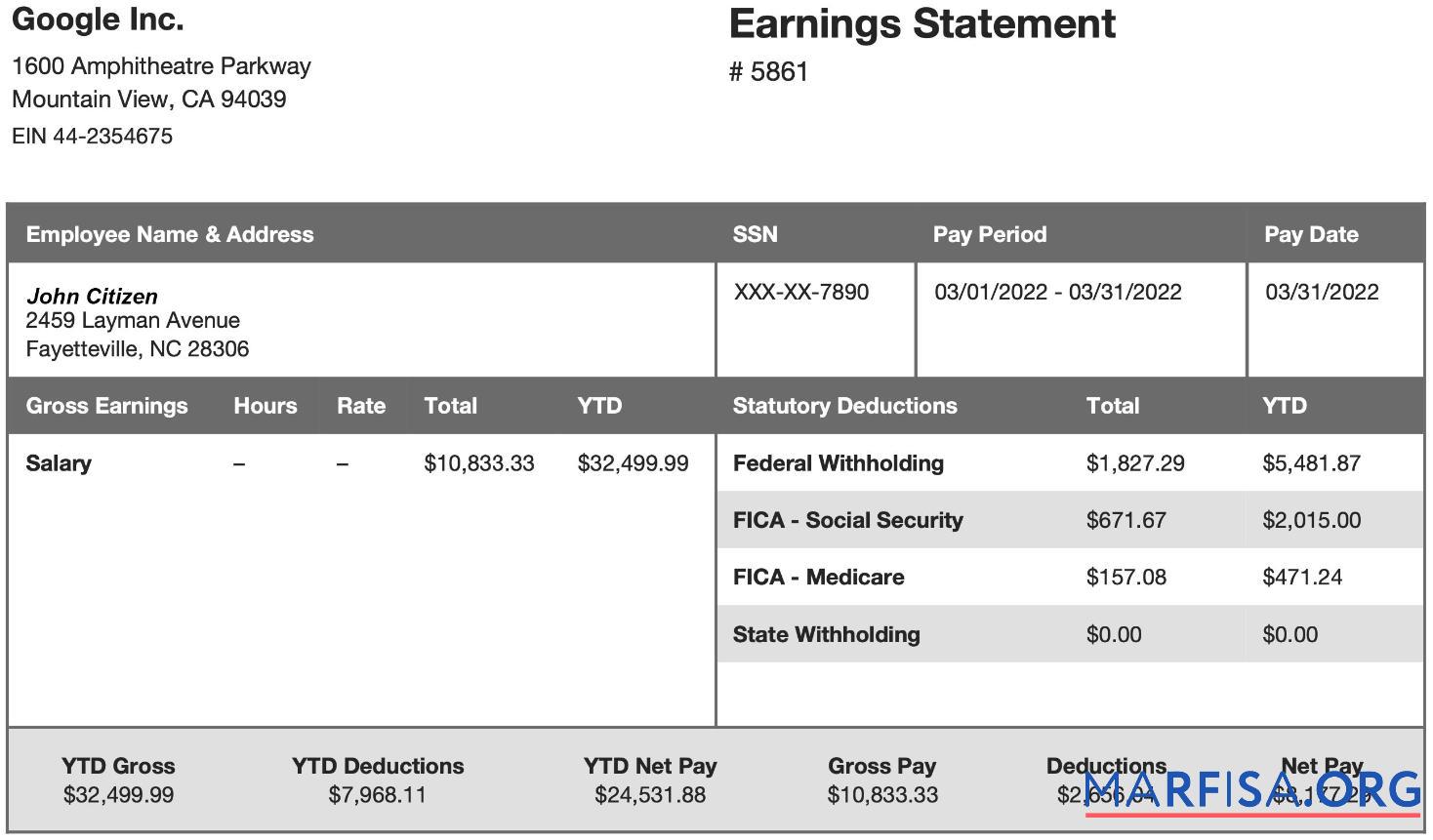 Realistic Google Inc earning statement sample